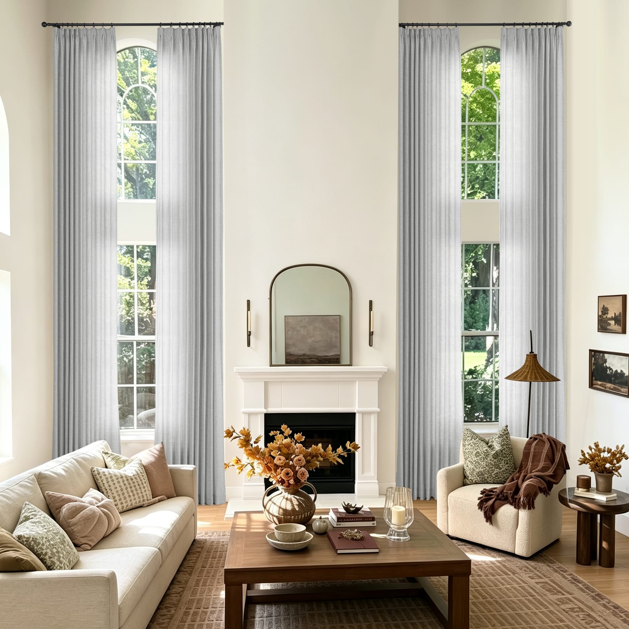 A styled living room with two tall window treatments featuring light gray sheer curtains