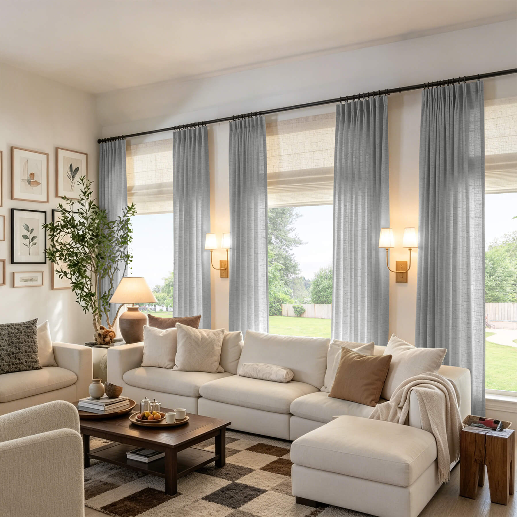 Medium grey linen textured light filtering pinch pleat curtains with sheer privacy