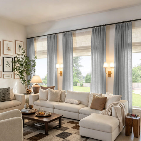 Medium grey linen textured light filtering pinch pleat curtains with sheer privacy