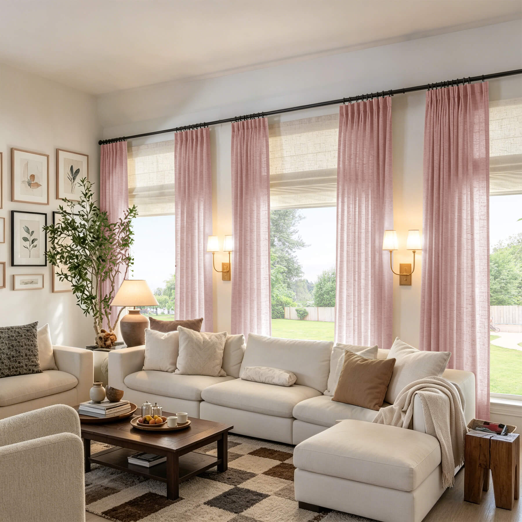 Rose textured linen light filtering pinch pleat curtains