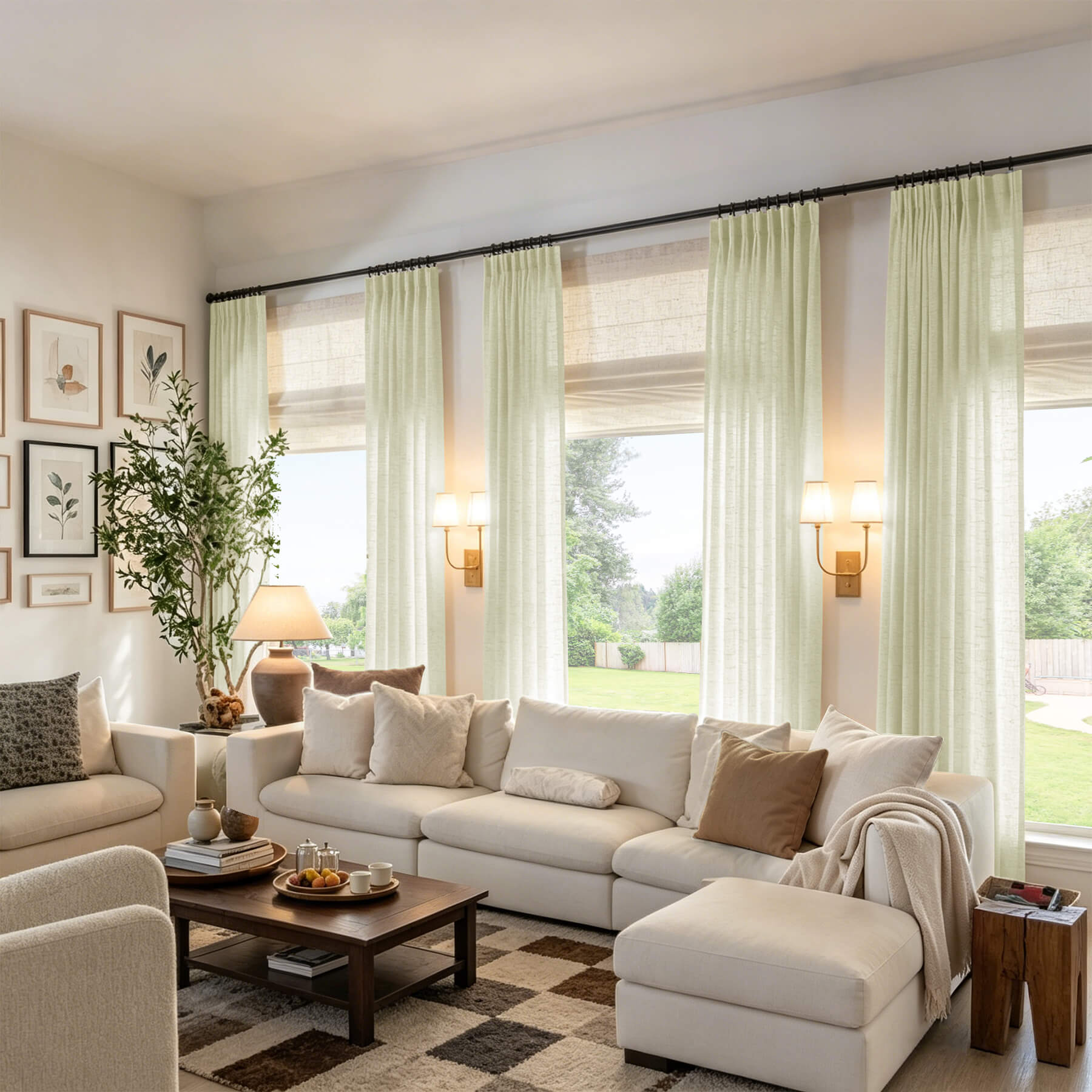 Sage green linen textured light filtering pinch pleat curtains with sheer privacy