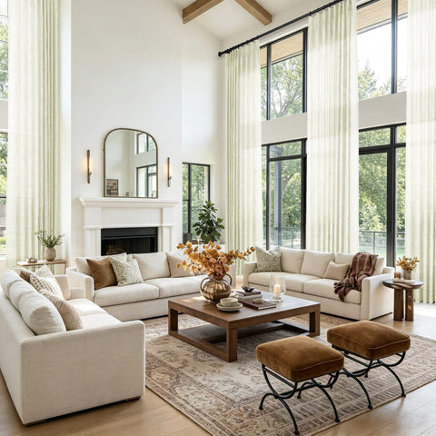 A bright modern living room featuring a large white sectional sofa and tall cream curtains in front of large black framed windows