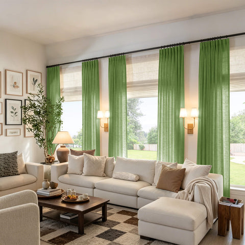 Green linen textured light filtering pinch pleat curtains with sheer privacy