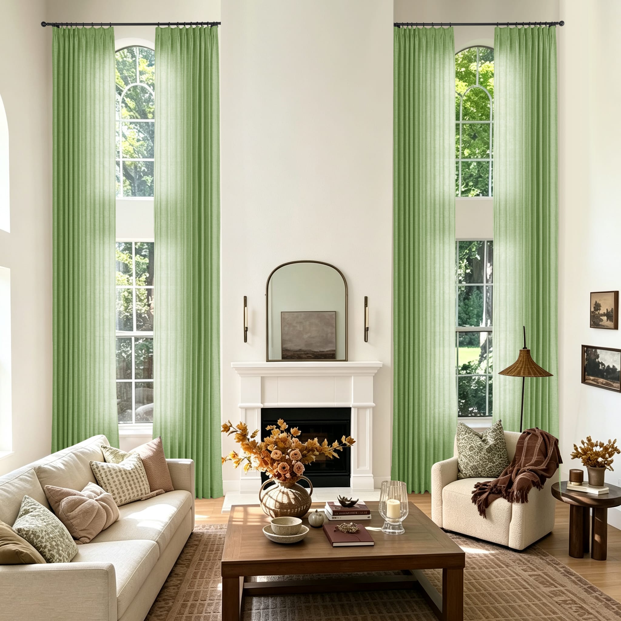 A styled living room with two tall window treatments featuring light sage green sheer curtains