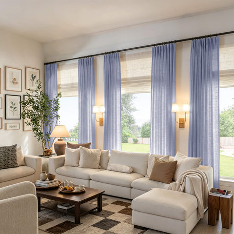 Periwinkle blue linen textured light filtering pinch pleat curtains with sheer privacy