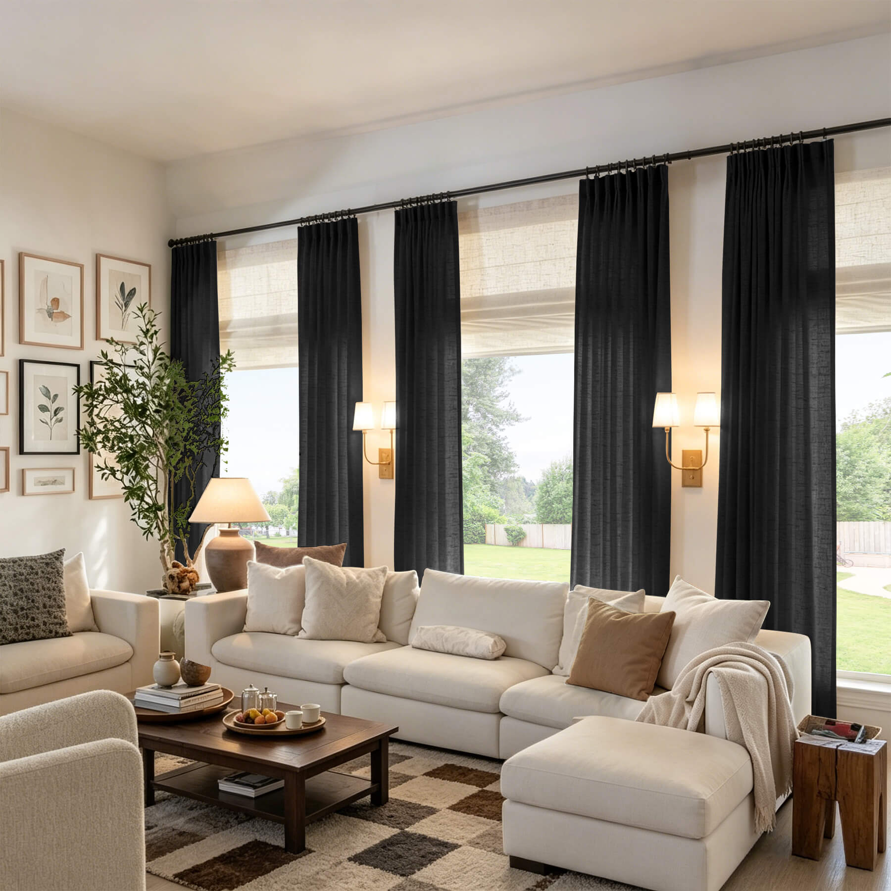 Black linen textured light filtering pinch pleat curtains with sheer privacy
