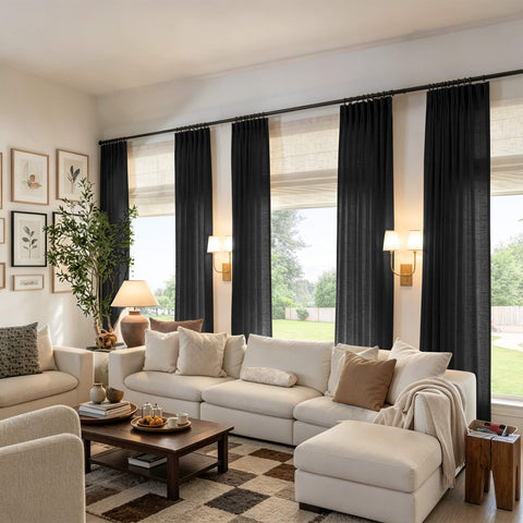 Black linen textured light filtering pinch pleat curtains with sheer privacy
