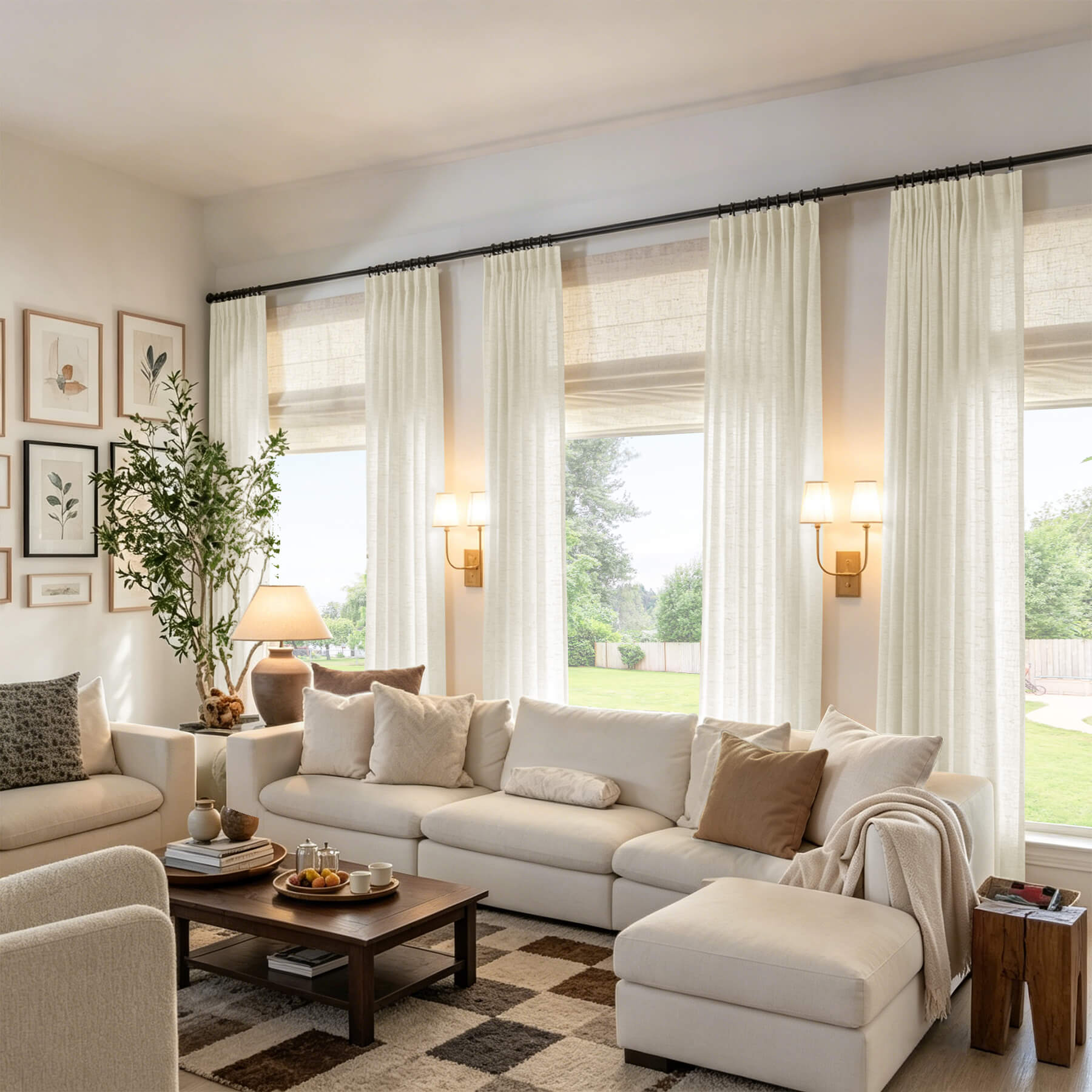 Light filtering linen textured curtains with vertical pinch pleats in pale gray panels
