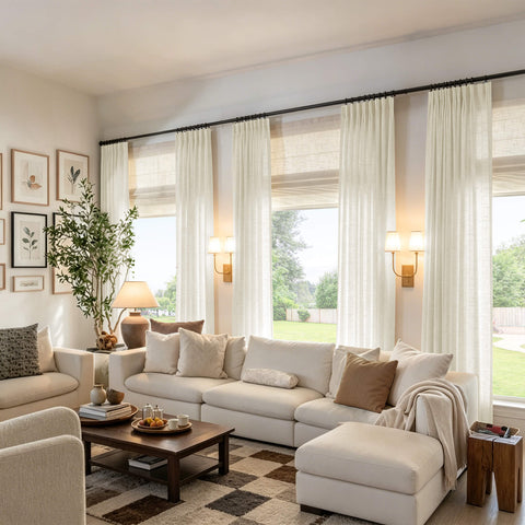 Light filtering linen textured curtains with vertical pinch pleats in pale gray panels