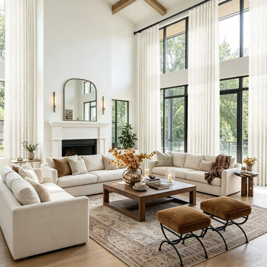 A bright modern living room featuring sheer white curtains