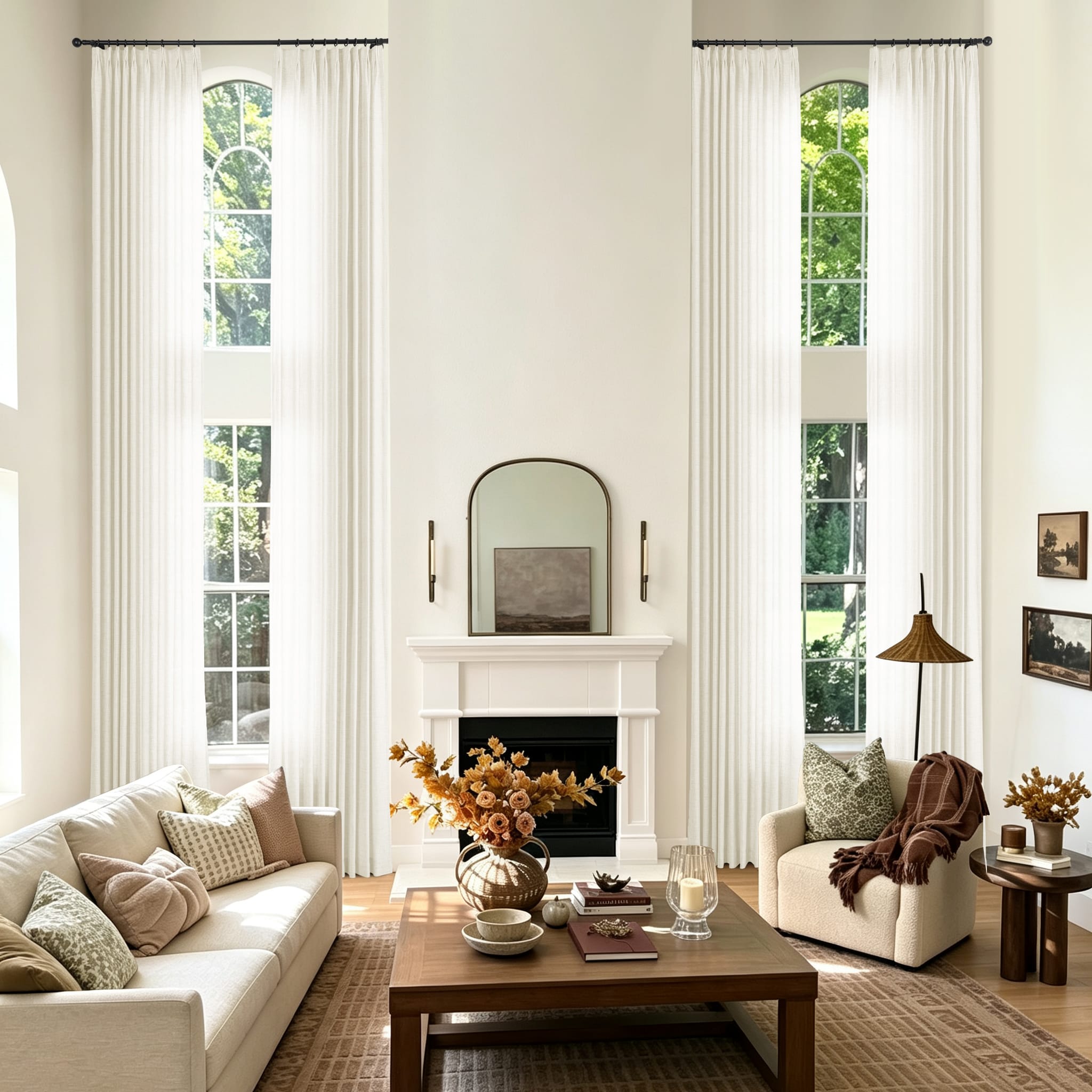 A styled living room with tall white sheer curtains hanging in front of two tall arched windows