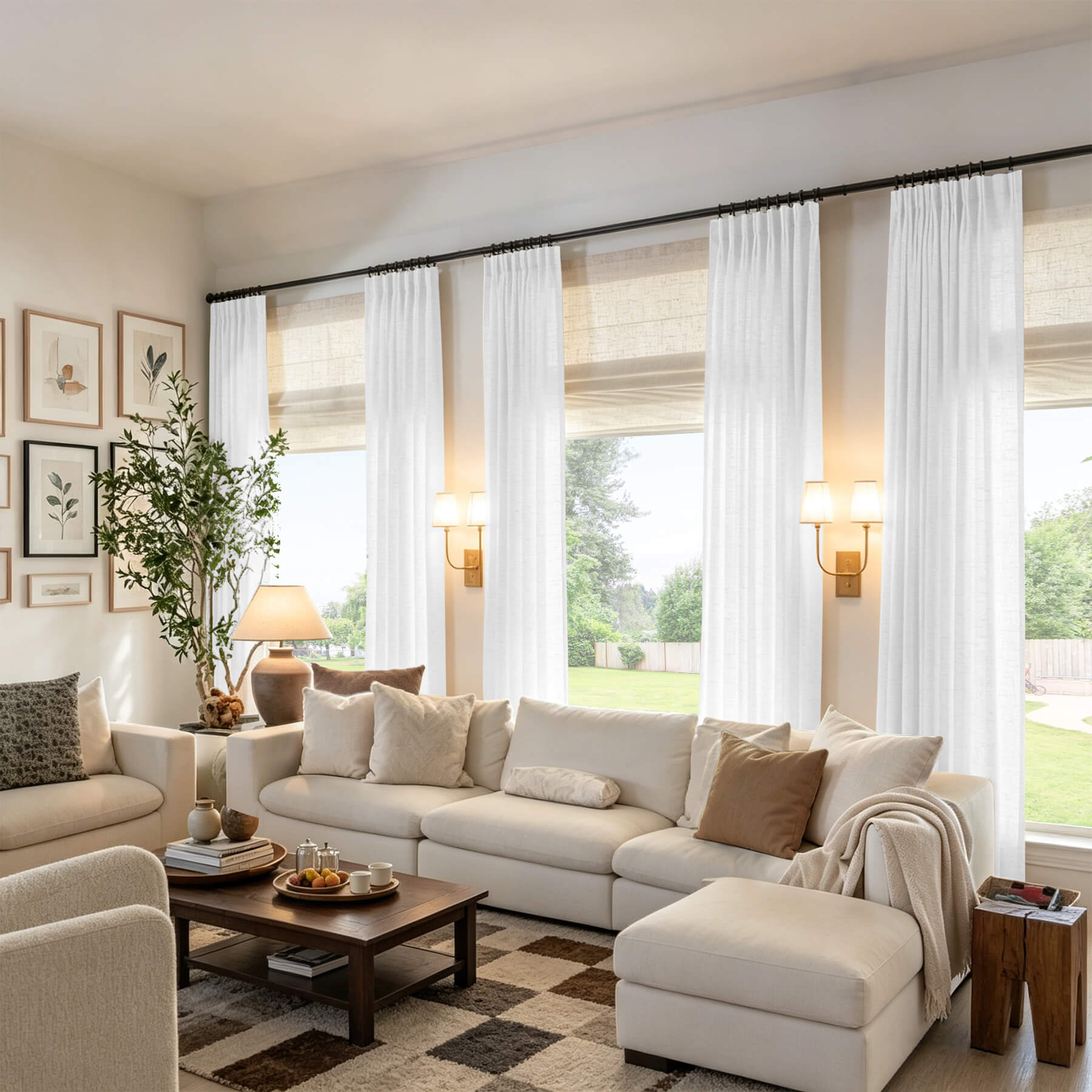 Light gray linen textured sheer curtains with vertical pinch pleats on a rod
