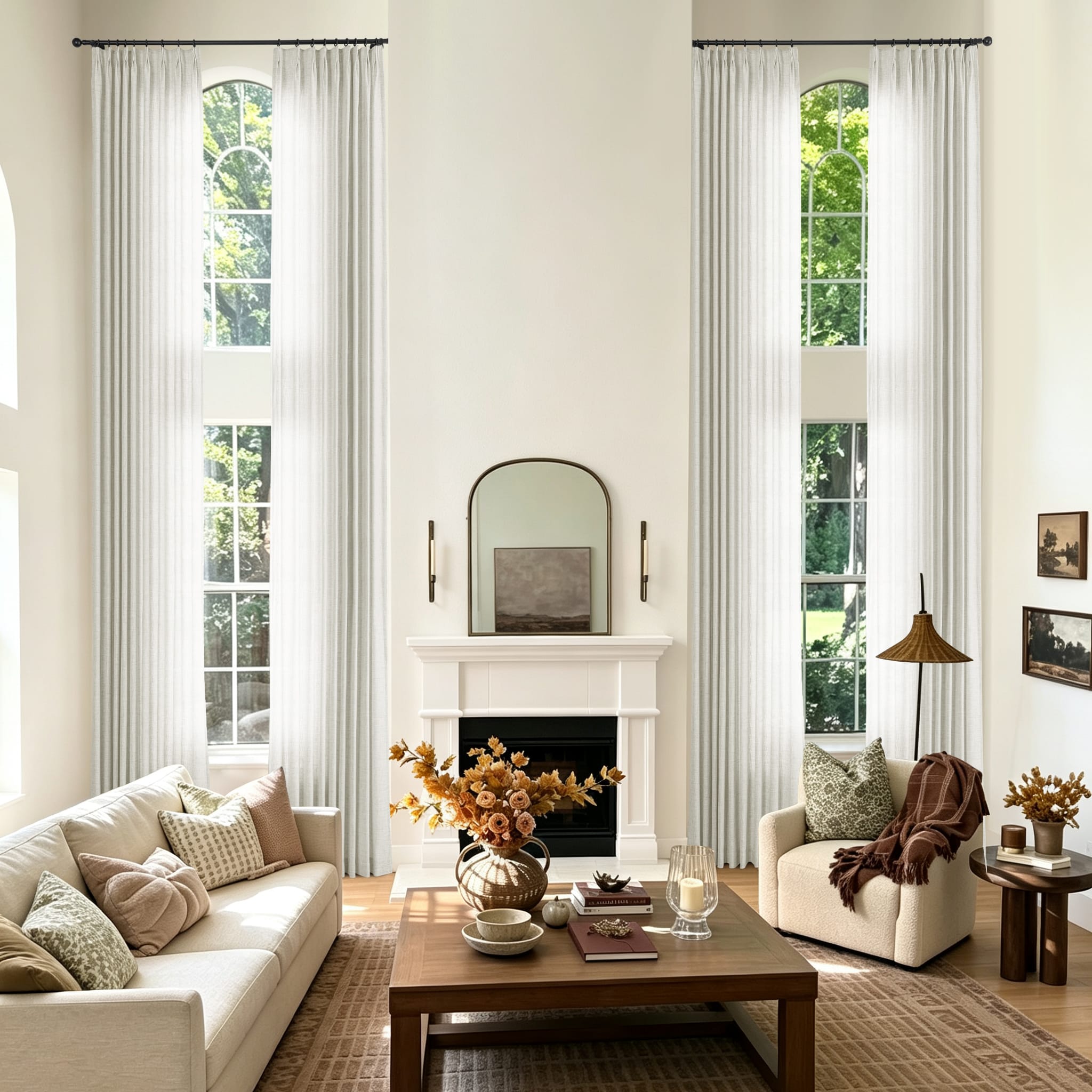 A styled living room with two tall sheer white window curtains hanging on black rod frames flanking a white fireplace