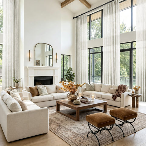 A bright modern living room featuring a cream sectional sofa set against tall windows with sheer fog curtains