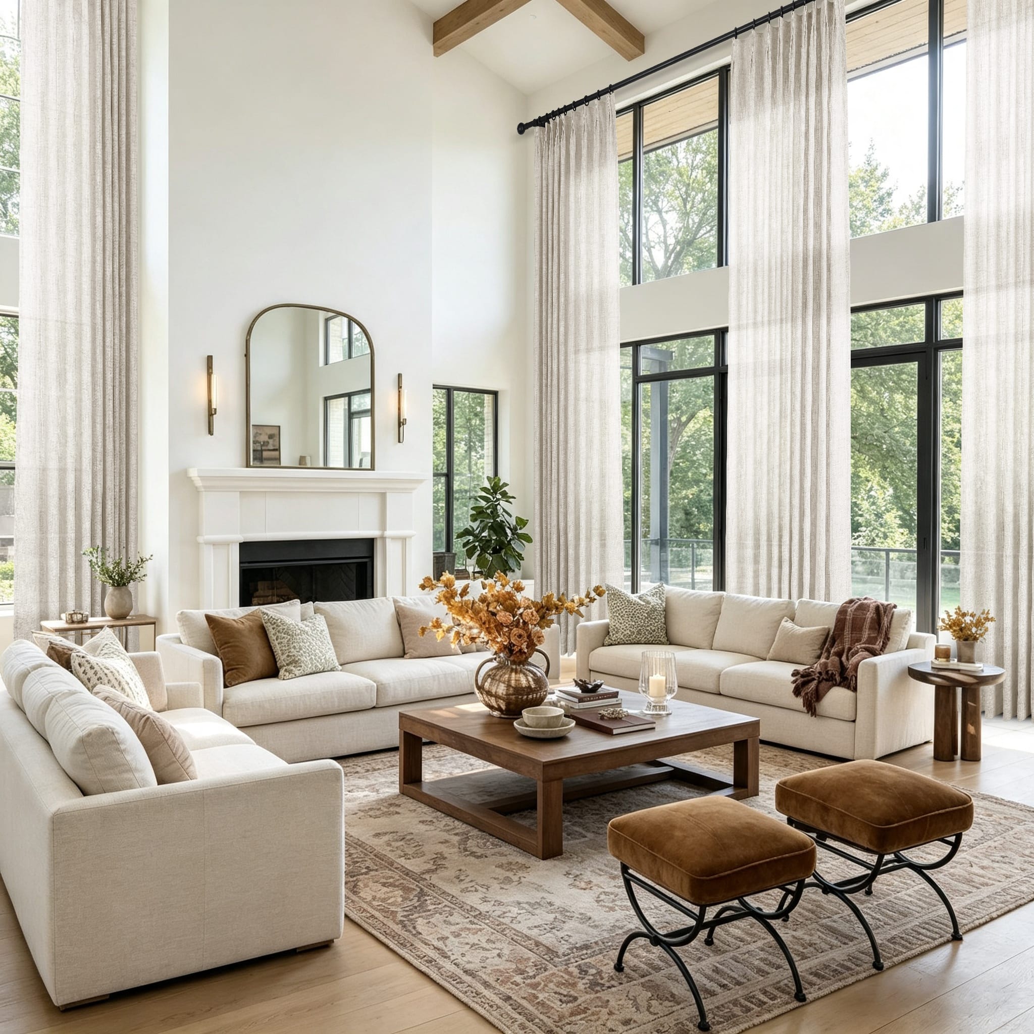 A bright modern living room featuring a large white sectional sofa and tall sheer sand beige curtains in front of large windows