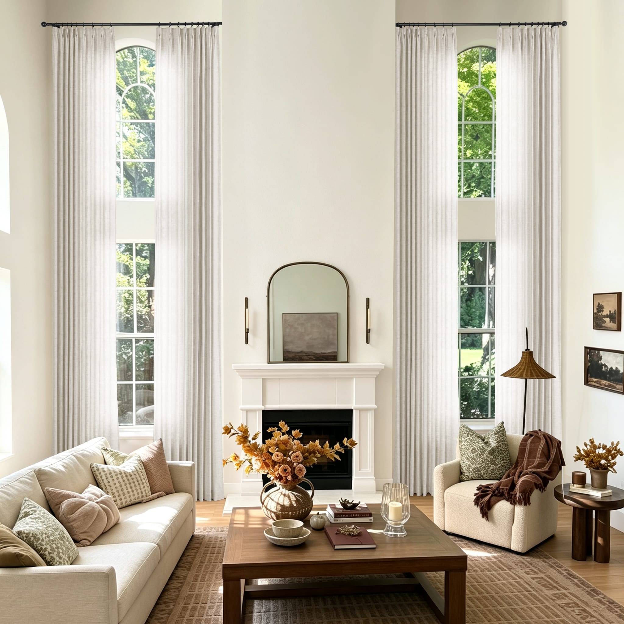 A styled living room with two tall sheer sand beige curtain panels hanging on either side of large arched windows
