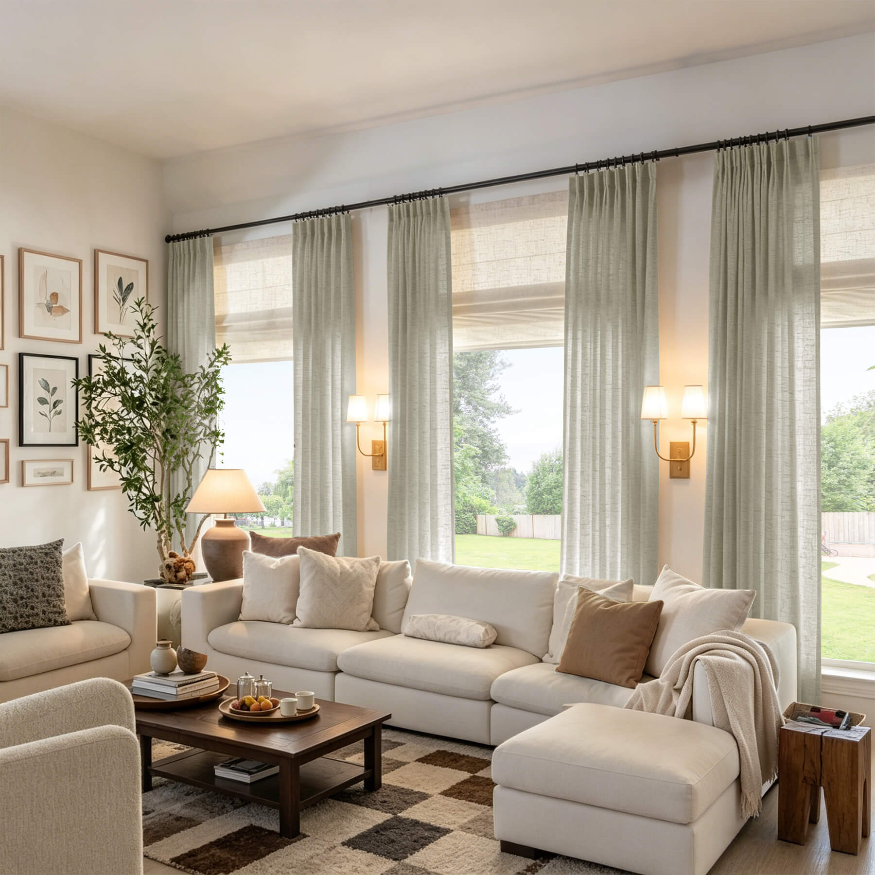 Light gray light filtering curtains with linen texture and pinch pleat top heading
