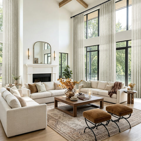 A bright modern living room featuring a large white sectional sofa and tall windows with light khaki sheer curtains