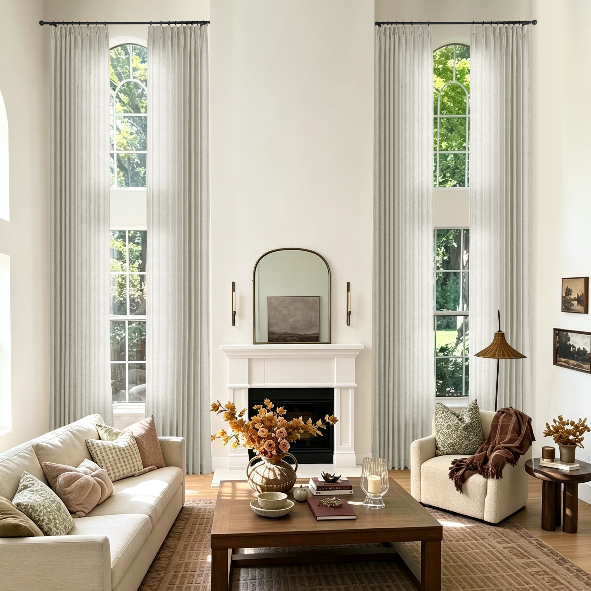 A styled living room with two tall arched windows dressed in light khaki sheer curtains