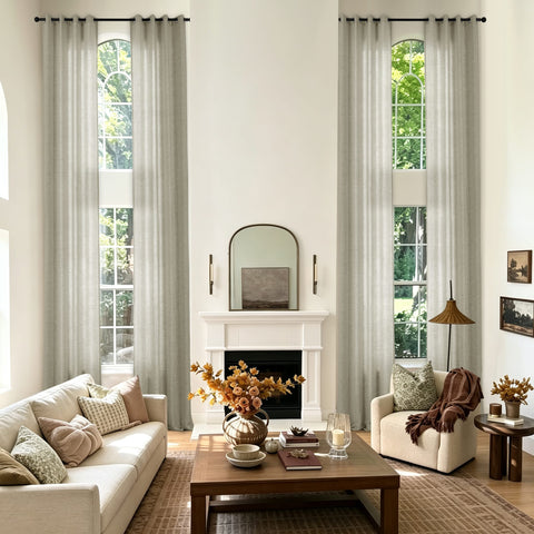 TW04 Extra Long Light Filtering Linen Curtains Grommets 1 Panel for High Ceilings, Perfect for Lofts