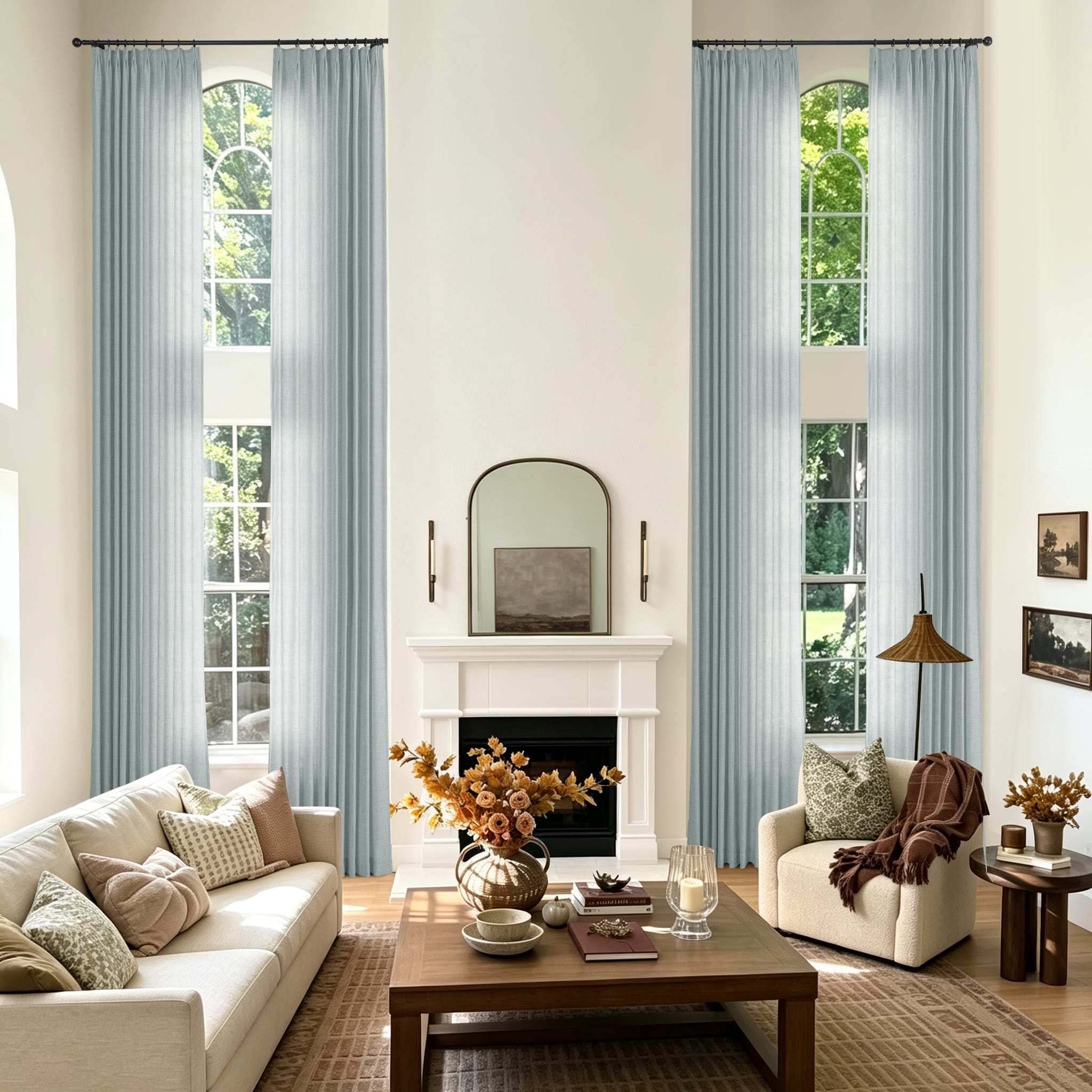 A styled living room with tall light blue curtains hanging on both sides of two large arched windows