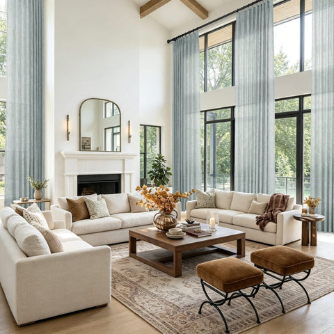 A bright modern living room featuring a cream sectional sofa and tall light blue gray curtains in front of large windows