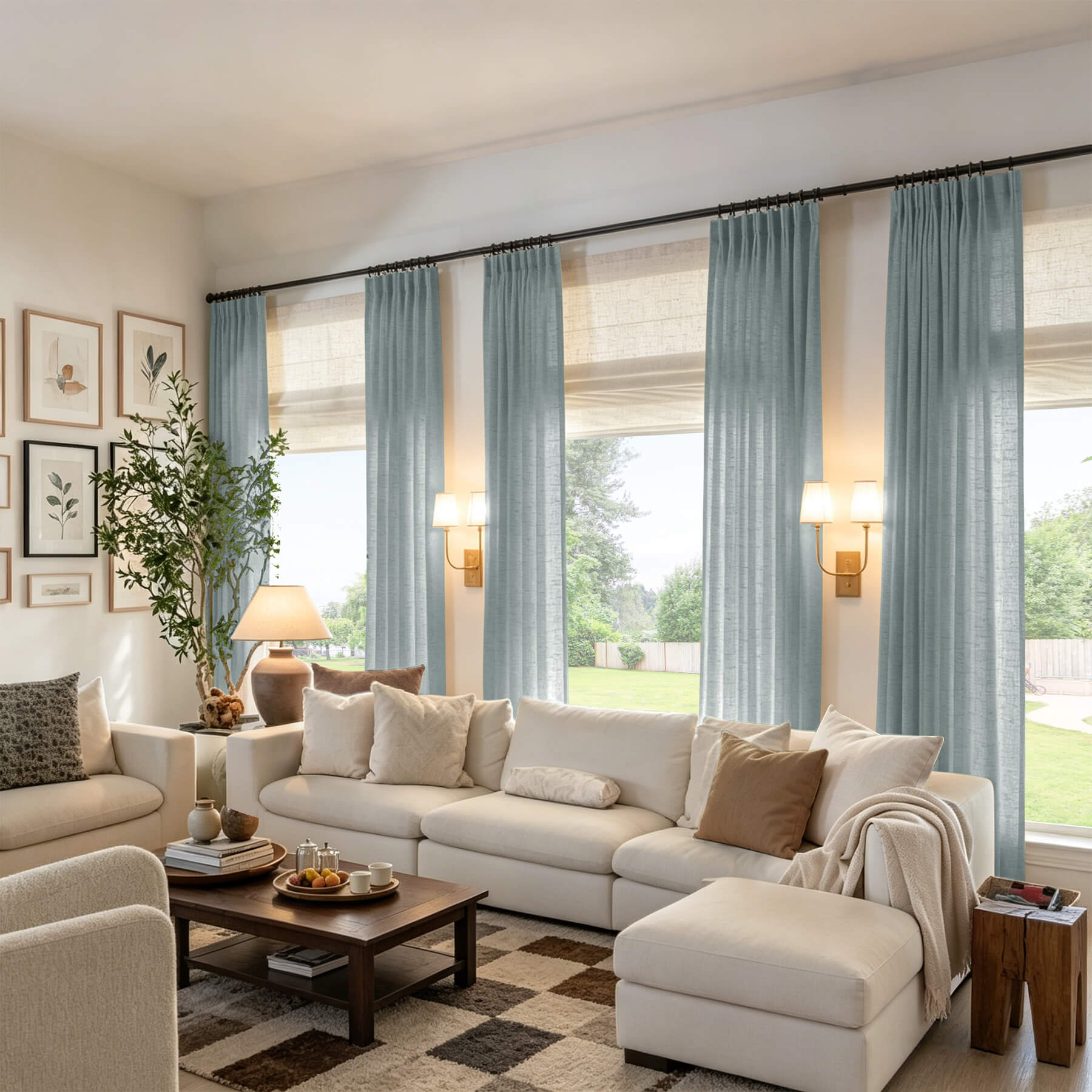 Light blue linen textured light filtering pinch pleat curtains with sheer privacy