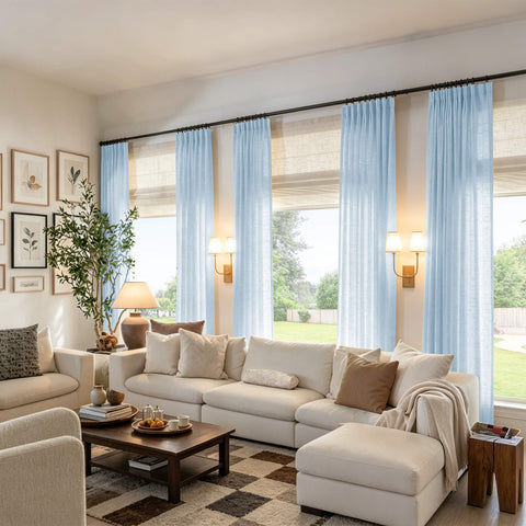 Powder blue linen textured light filtering pinch pleat curtains with sheer privacy