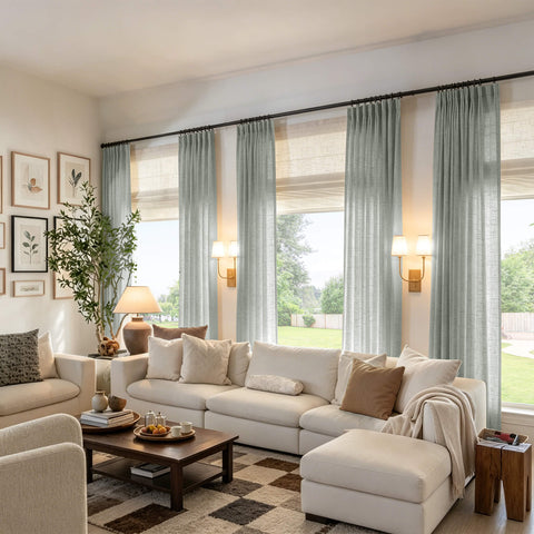 Light grey linen textured light filtering pinch pleat curtains with sheer privacy
