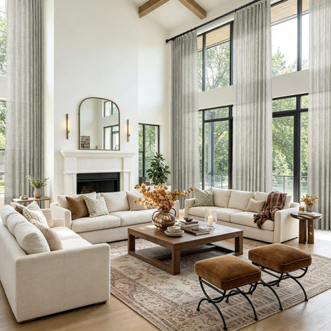 A bright modern living room featuring a large white sectional sofa and tall dark gray sheer curtains in a high ceilinged room