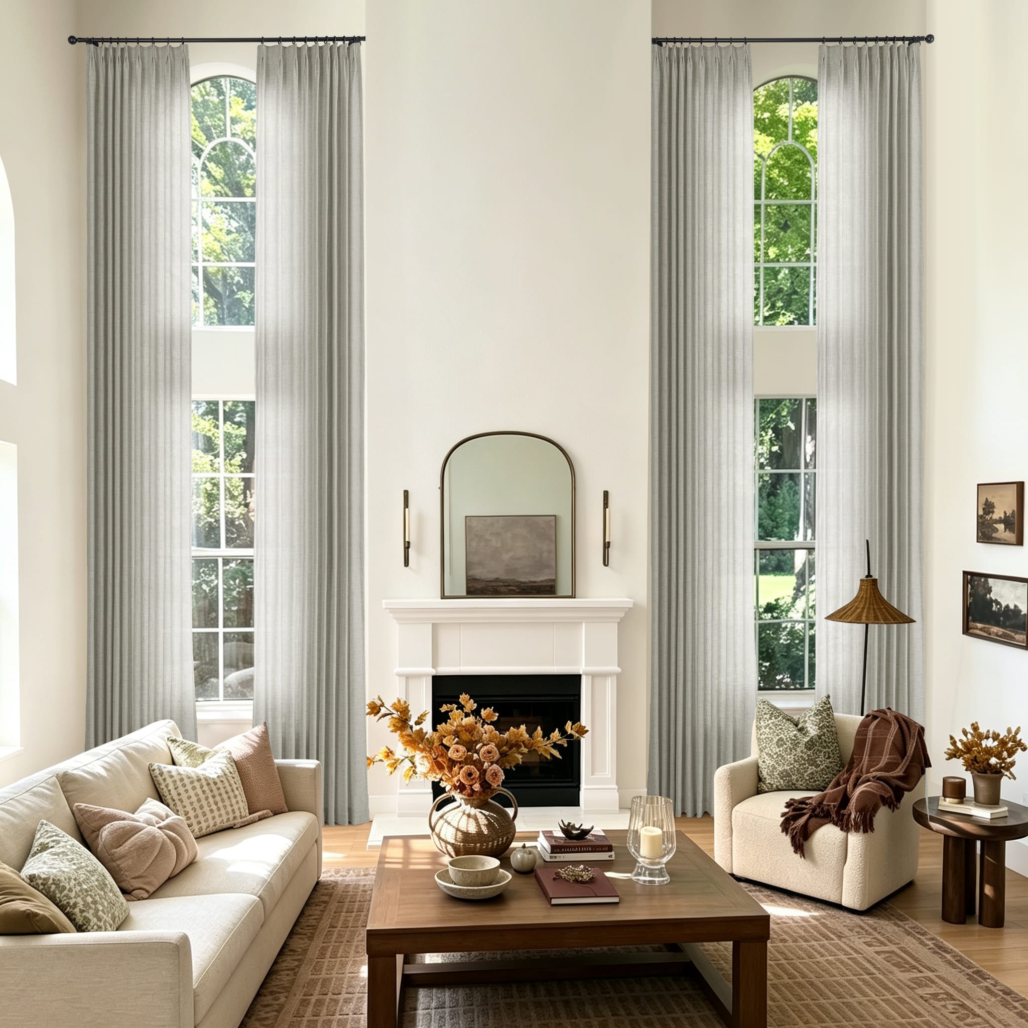 A styled living room with two tall window treatments featuring sheer light gray curtains hanging on dark metal rods
