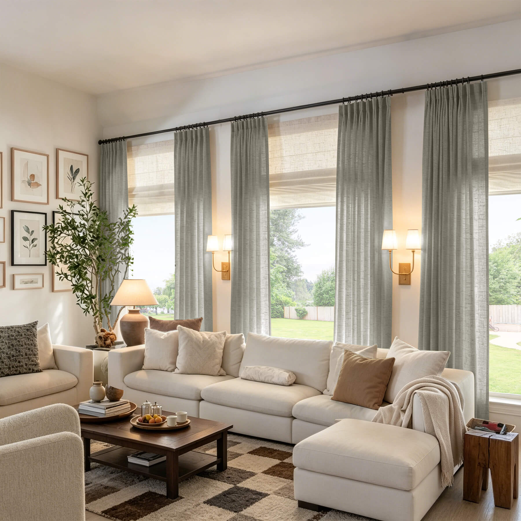 Grey linen textured light filtering pinch pleat curtains with sheer privacy