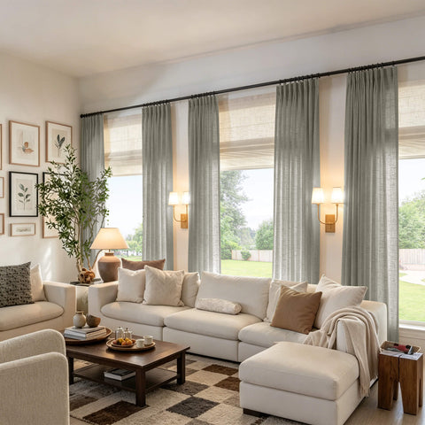Grey linen textured light filtering pinch pleat curtains with sheer privacy