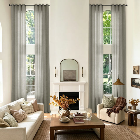 TW04 Extra Long Light Filtering Linen Curtains Grommets 1 Panel for High Ceilings, Perfect for Lofts
