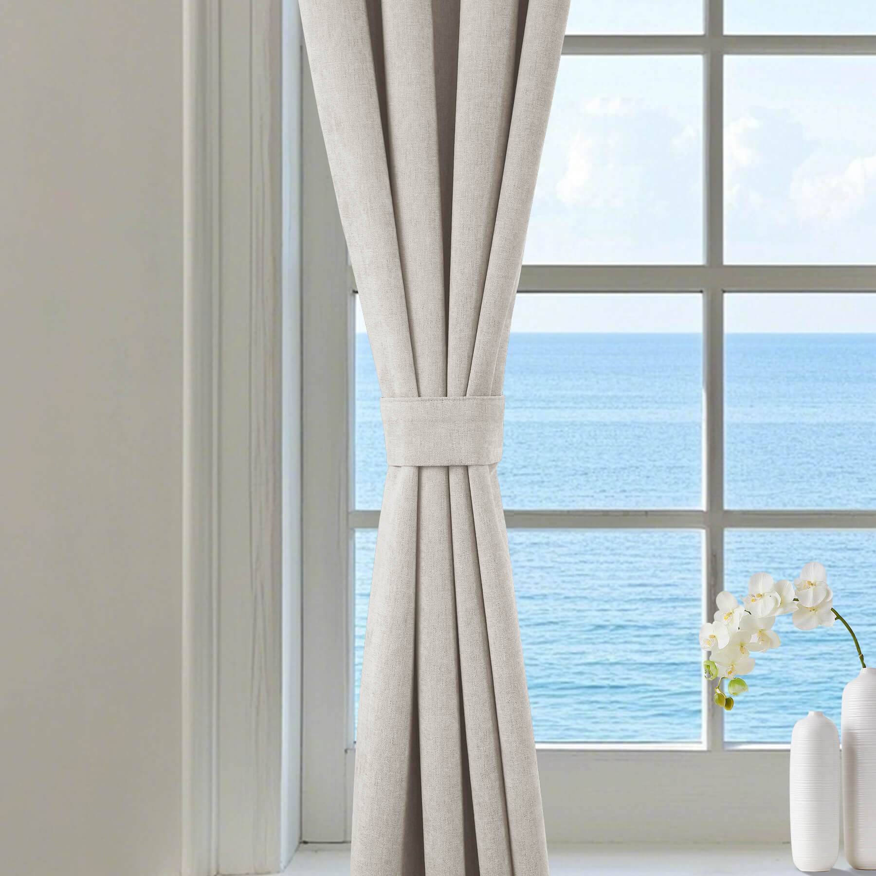 1041 100% Blackout Soft Chenille Linen Blend Curtain Pinch Pleat - Cololeaf -- #1 White
