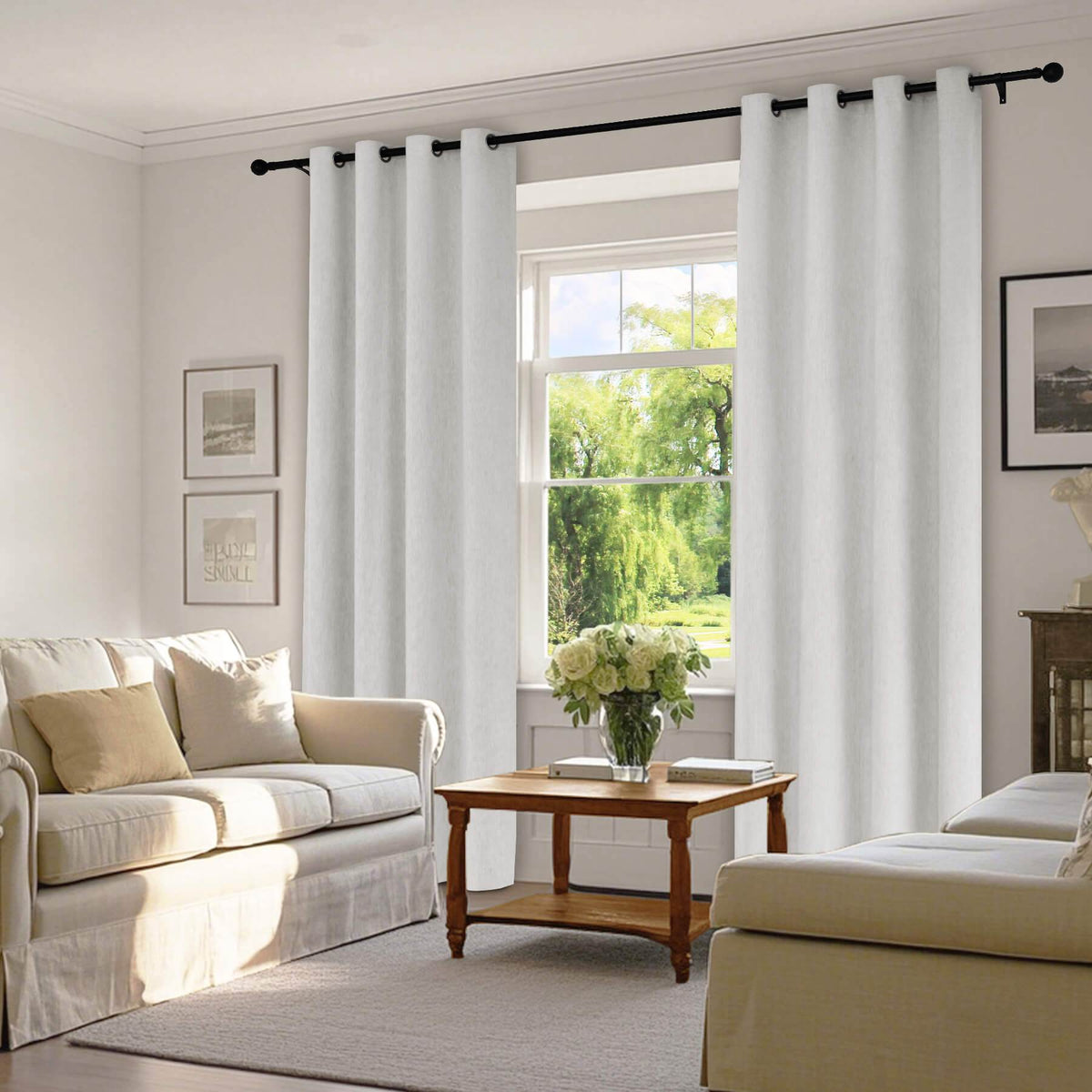 1041 100% Blackout Soft Chenille Linen Blend Curtain Grommet & 4 IN 1 - Cololeaf -- #1 White