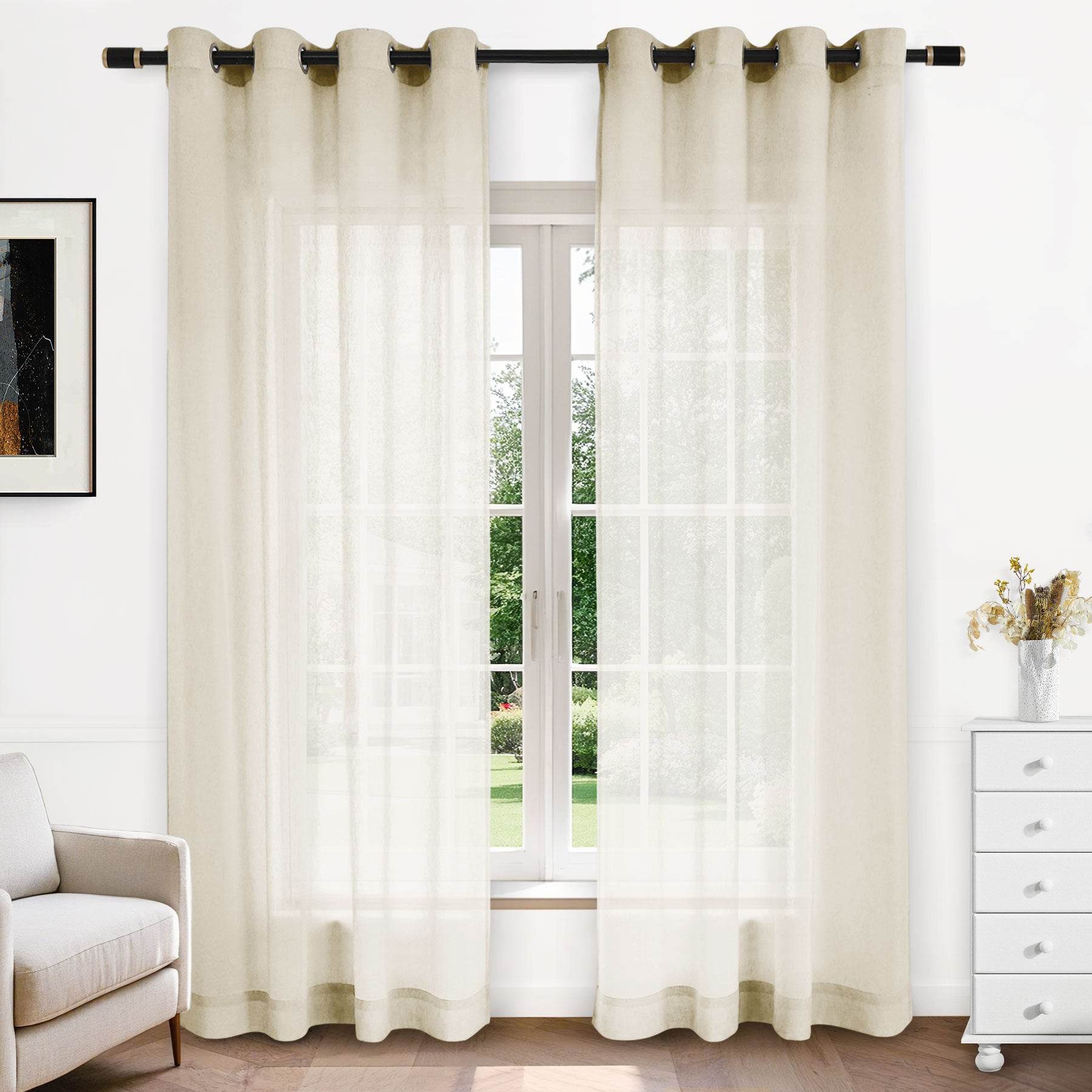B11 Sheer Vertical Stripe Linen Blend Light Filtering Curtain Grommet - Cololeaf