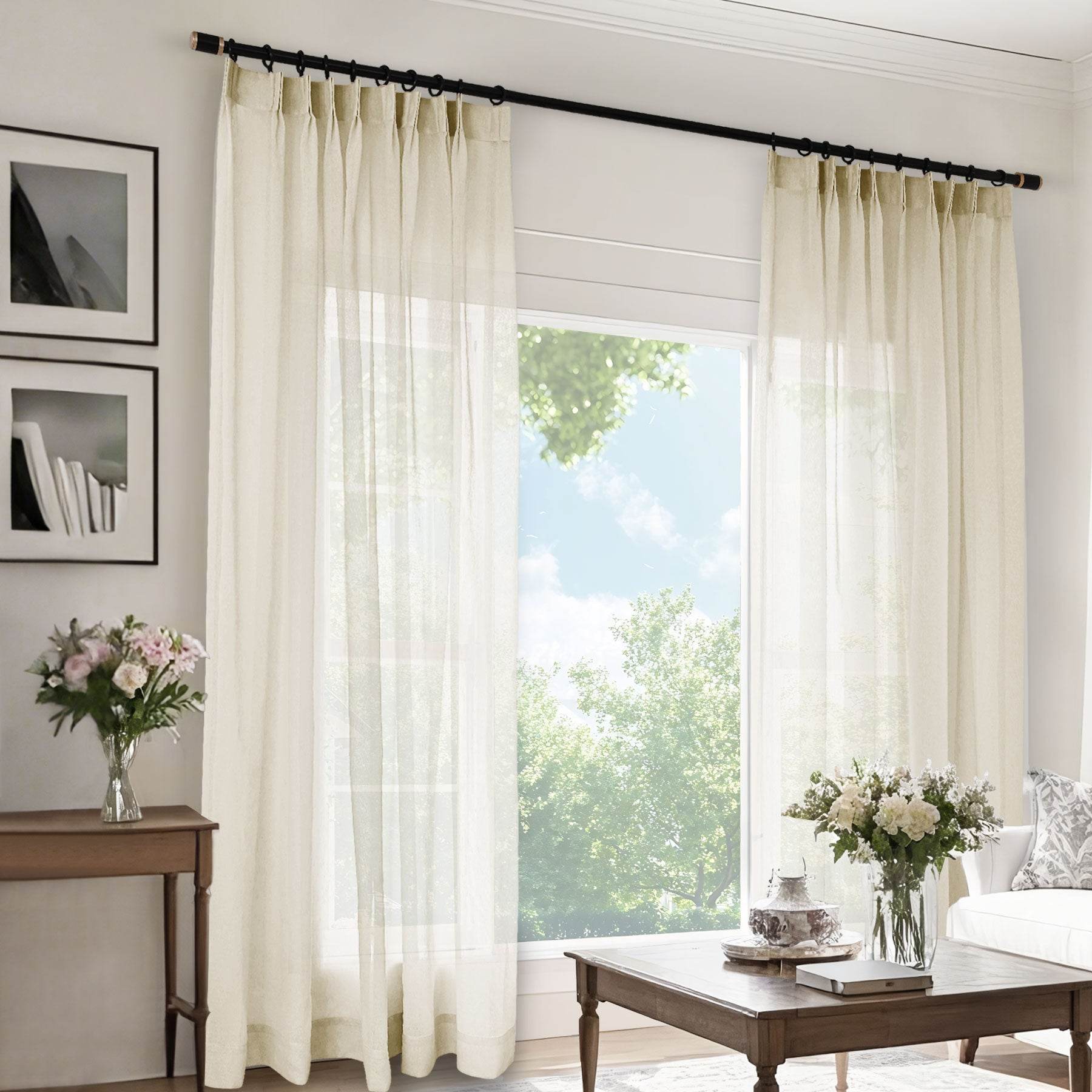B11 Sheer Vertical Stripe Linen Blend Light Filtering Curtain Pinch Pleat - Cololeaf