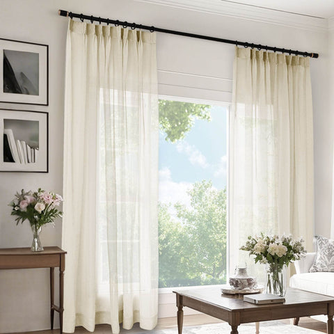 B11 Sheer Vertical Stripe Linen Blend Light Filtering Curtain Pinch Pleat - Cololeaf