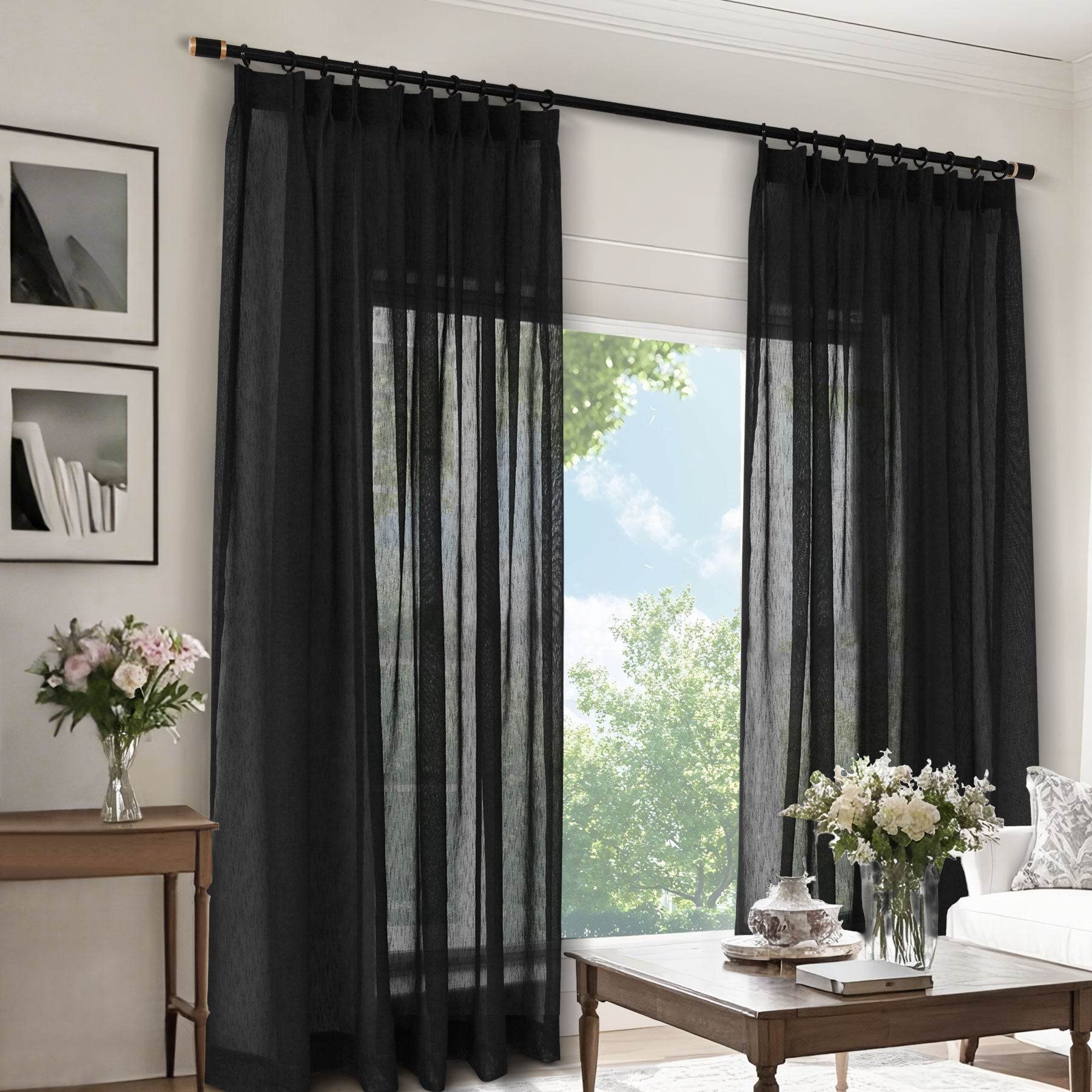 B11 Sheer Vertical Stripe Linen Blend Light Filtering Curtain Pinch Pleat - Cololeaf