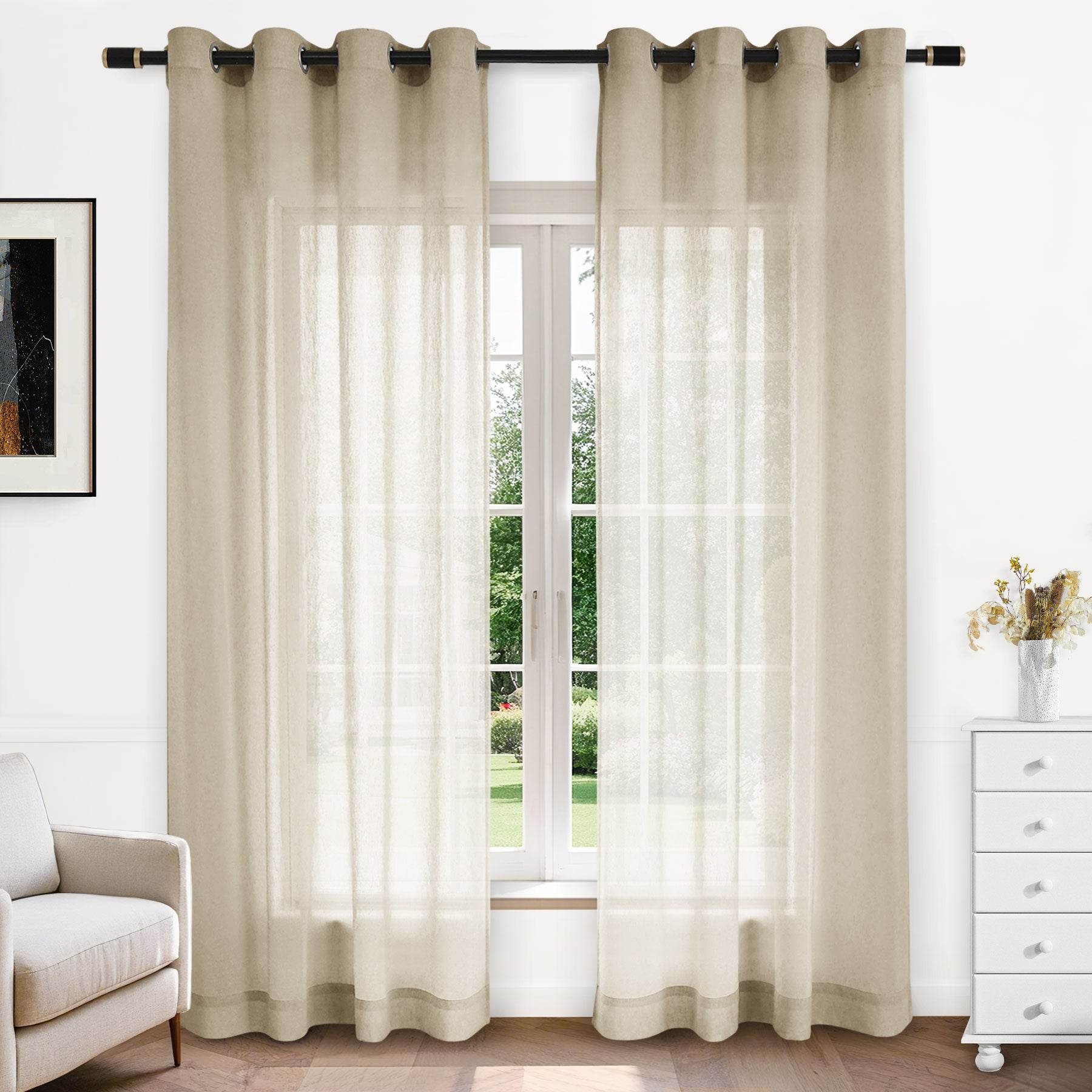 B11 Sheer Vertical Stripe Linen Blend Light Filtering Curtain Grommet - Cololeaf