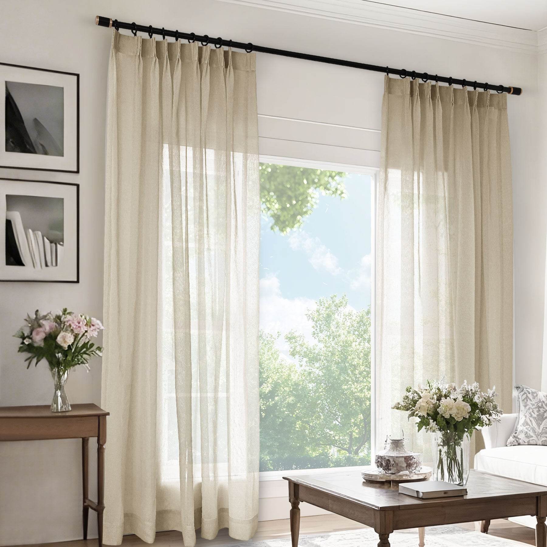 B11 Sheer Vertical Stripe Linen Blend Light Filtering Curtain Pinch Pleat - Cololeaf