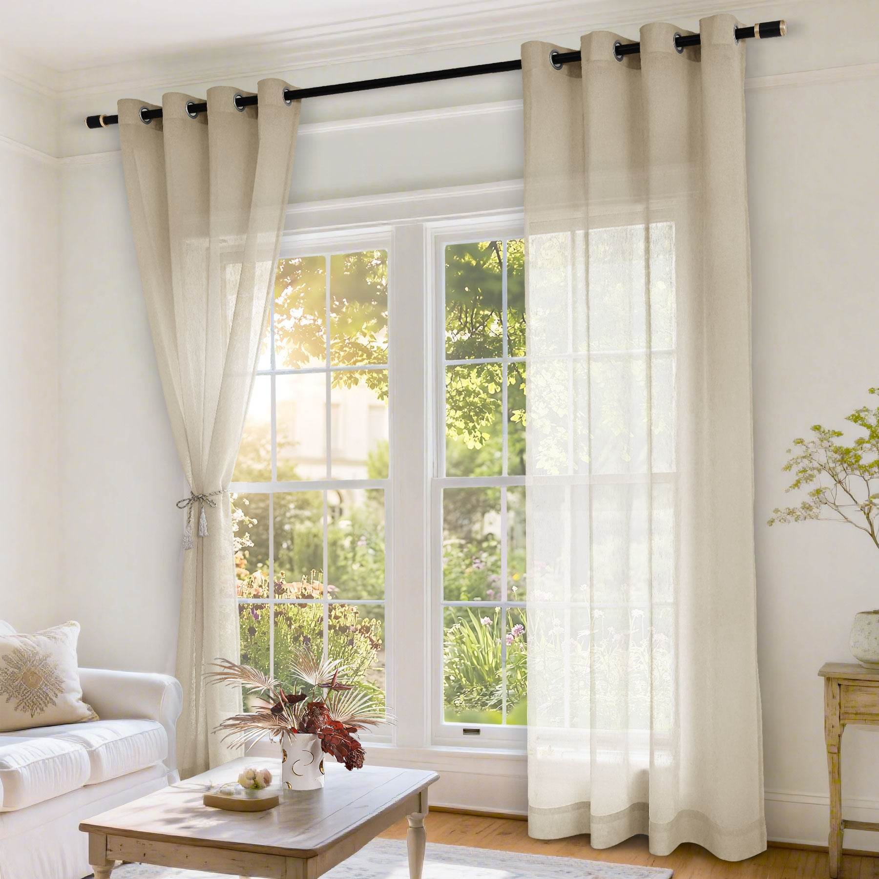 B11 Sheer Vertical Stripe Linen Blend Light Filtering Curtain Grommet - Cololeaf