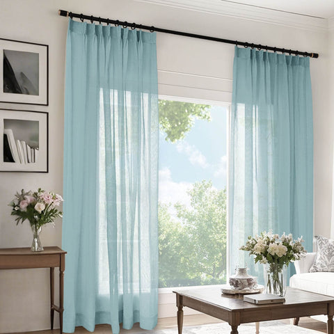 B11 Sheer Vertical Stripe Linen Blend Light Filtering Curtain Pinch Pleat - Cololeaf