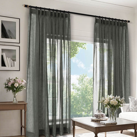 B11 Sheer Vertical Stripe Linen Blend Light Filtering Curtain Pinch Pleat - Cololeaf