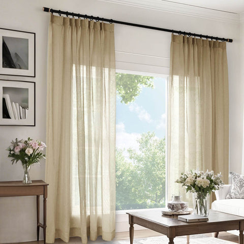B11 Sheer Vertical Stripe Linen Blend Light Filtering Curtain Pinch Pleat - Cololeaf