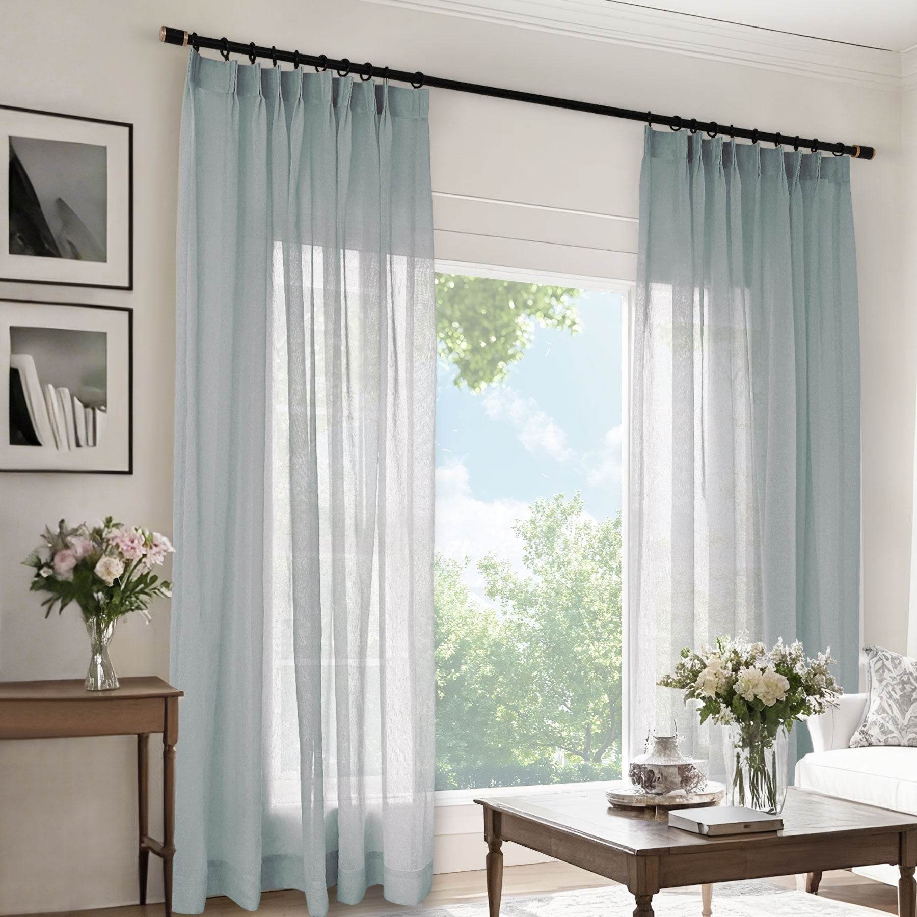 B11 Sheer Vertical Stripe Linen Blend Light Filtering Curtain Pinch Pleat - Cololeaf