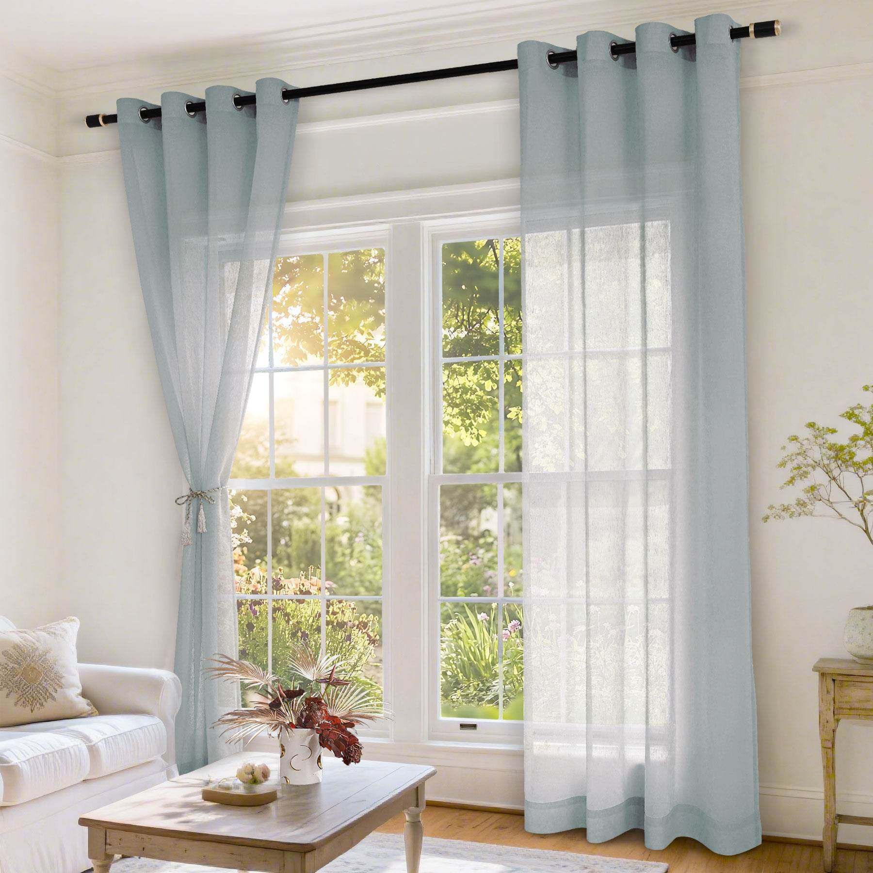 B11 Sheer Vertical Stripe Linen Blend Light Filtering Curtain Grommet - Cololeaf
