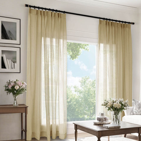 B11 Sheer Vertical Stripe Linen Blend Light Filtering Curtain Pinch Pleat - Cololeaf
