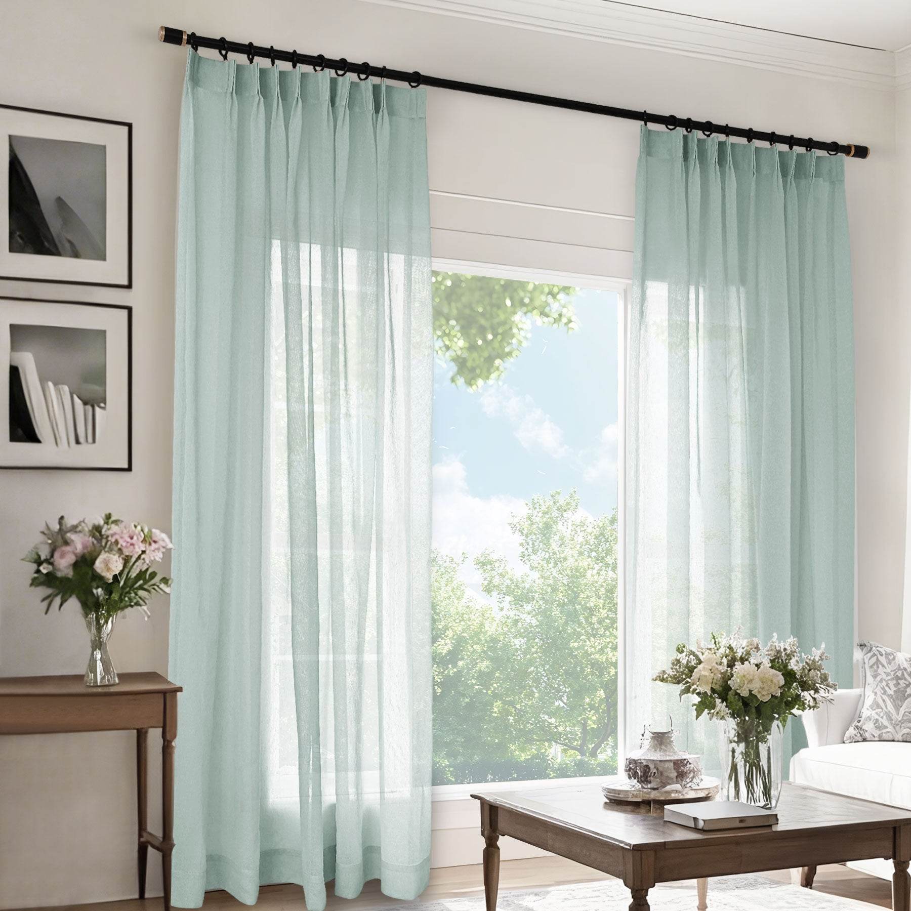 B11 Sheer Vertical Stripe Linen Blend Light Filtering Curtain Pinch Pleat - Cololeaf